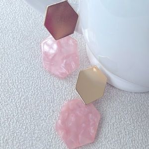 Hexagon pink quartz dangle earrings